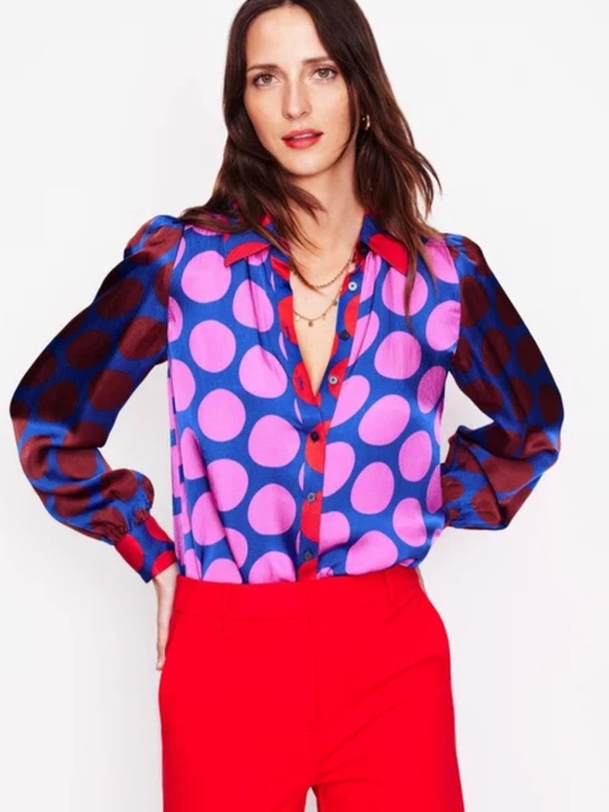 Boden Tops - BODEN Hammered Satin Shirt-Tickled Pink Polka Dot Size 8